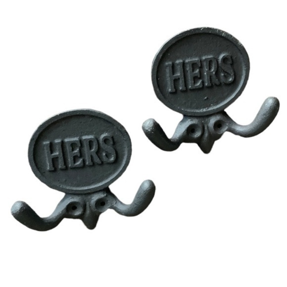 New Black Wrought Iron Hooks " HERS" and "HERS" New In Box 3" by Wall Charmers
